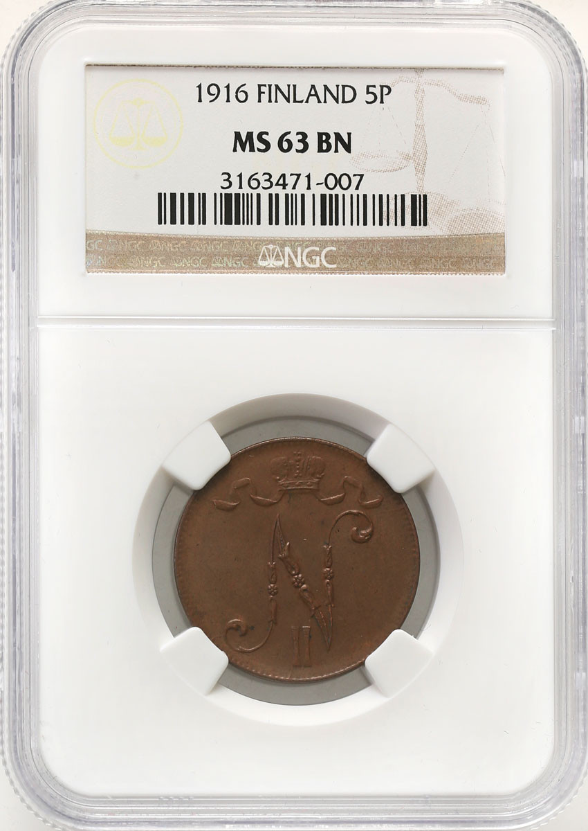 Rosja / Finlandia. Mikołaj II. 5 pennia 1916, Helsinki NGC MS63 BN